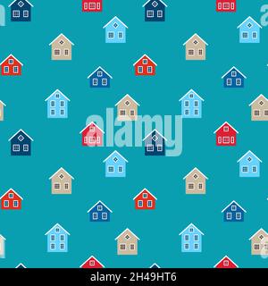 Colored houses on a turquoise background. Seamless pattern for print Stock Vector