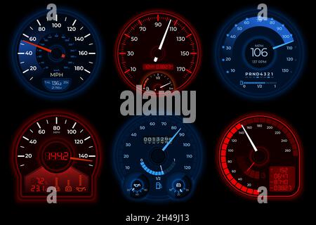 Car speedometers. Racing speedometer, speed scales in auto. Car dashboard, fast accelerate interface. Abstract motorbike, vehicle recent vector Stock Vector