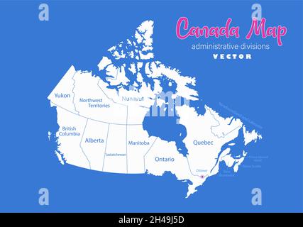 Canada map, administrative divisions whit names regions, blue background vector Stock Vector