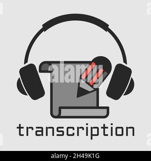 Headphone, pencil and paper. Transcription work concept. Flat style illustration. Isolated on white background. Stock Vector