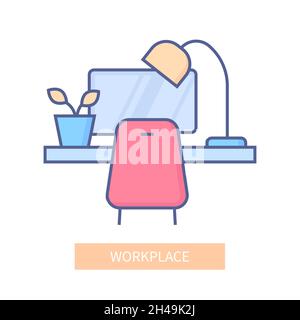 Workplace - modern multicolor line design style icon on white background. Neat detailed image of home office. Comfortable chair, desk, lamp, large com Stock Vector