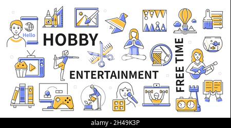 Hobby and entertainment - line design icon set in gentle blue and yellow color. Several pictures with people and objects on a white background, on the Stock Vector