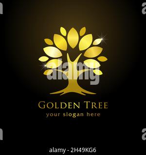 Golden tree luxury logotype concept. Stylish shiny tree with leaves yellow or gold coloured. Creative parks or gardens branding identity idea. Tree of Stock Vector