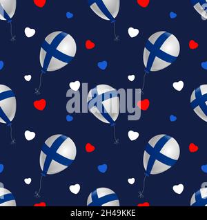 Balloons with Finland flag and hearts on a blue background. Seamless pattern for printing. Stock Vector
