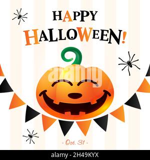 Cartoon pumpkin with a cheerful face and black spiders, against the background of a festive garland of flags Stock Vector