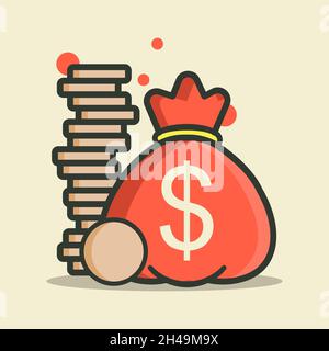 Money coin bag with US dollar sign. Pile of coins. Saving, banking, finance concept. Flat style illustration. Stock Vector