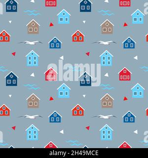 Colored houses, waves and seagulls on a gray background. Seamless pattern for print Stock Vector
