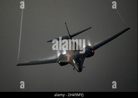 Persian Gulf, Bahrain. 30 October, 2021. A U.S. Air Force B1-B Lancer strategic bomber hits the after burners as it breaks away from refueling during a presence patrol over the Persian Gulf October 30, 2021 near Bahrain. Credit: SrA Jerreht Harris/Planetpix/Alamy Live News Stock Photo