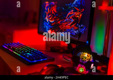 background Keyboard blur for professional streamer video gamers with computer Stock Photo