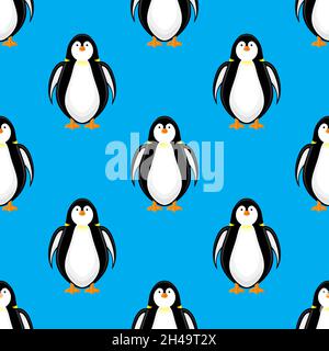 Cute Penguin Icon Isolated on Blue Background. Seamless Pattern Stock Vector