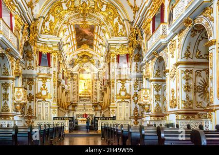 Wide angle showing the beautiful interior architecture of the Church of Nossa Senhora do Monte do Carmo da Antiga Sé in Rio de Janeiro, Brazil. The bu Stock Photo