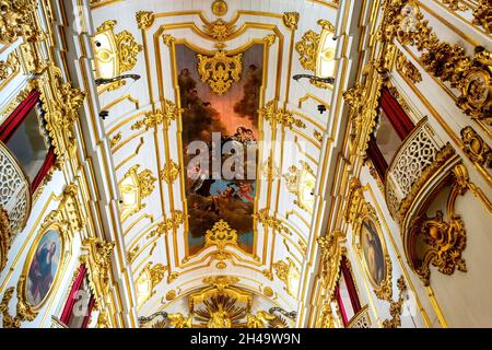 Fresco paint and golden decoration on the ceiling part of the interior architecture of the Church of Nossa Senhora do Monte do Carmo da Antiga Sé in R Stock Photo