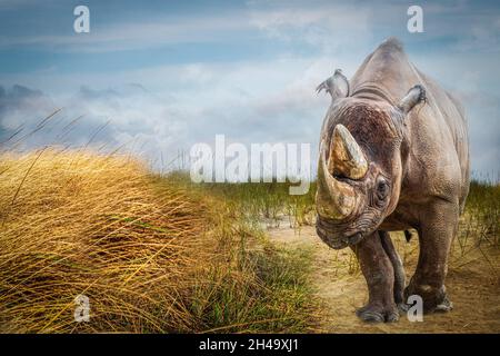 An African rhinoceros, rhino, standing in the sand in a field of tall grass Stock Photo
