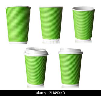 collection of disposable paper cups of coffee isolated on white Stock Photo