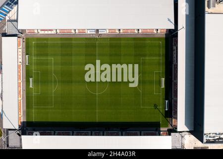 Straight down aerial drone photo of the town of Huntington in York in the UK showing a sports pitch in the summer time Stock Photo