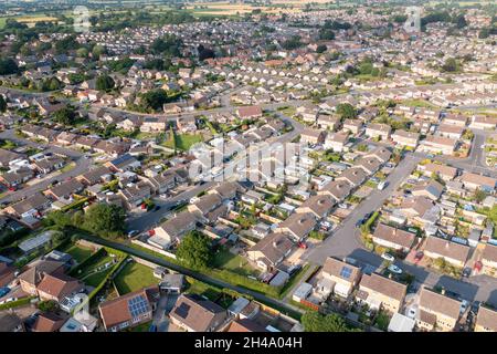 Aerial photo of the town of Huntington in York in the UK showing residential British housing estates and rows of semi detached bungalows in the town o Stock Photo