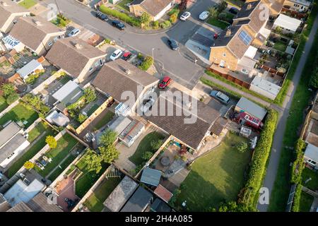 Aerial photo of the town of Huntington in York in the UK showing residential British housing estates and rows of semi detached bungalows in the town o Stock Photo