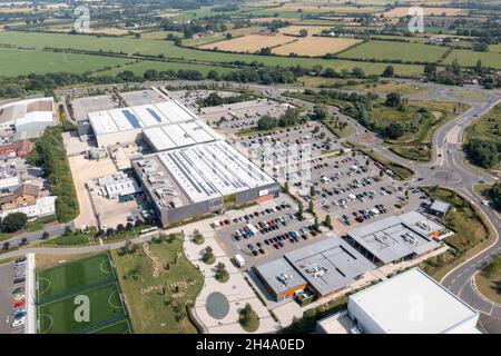 York UK, 21st July 2021: Aerial drone photo of the Vangarde Shopping Park in the town of Huntington in the UK showing the large Marks and Spencers dep Stock Photo