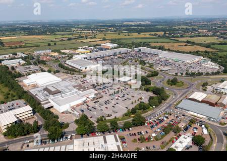 York UK, 21st July 2021: Aerial drone photo of the Vangarde Shopping Park in the town of Huntington in the UK showing the Asda and Sainsbury's superma Stock Photo