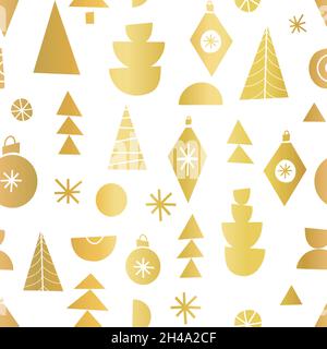 Gold foil metallic Christmas trees on white seamless vector pattern ...