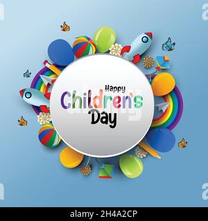 Happy children's day background greetings with kid props vector illustration design Stock Vector