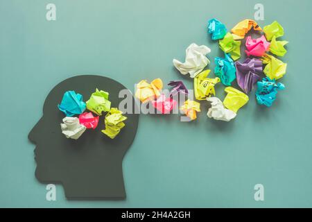 Positive thinking concept. Head shape and colorful paper balls. Stock Photo