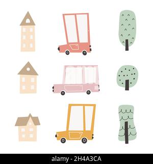Child's city cars set with cute houses and trees. Funny transport. Cartoon vector illustration in simple childish hand-drawn. Stock Vector