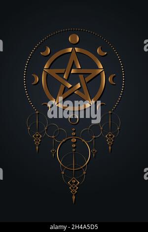 Pentacle circle symbol and Phases of the moon. Boho style Wiccan symbol, full moon, waning, waxing, first quarter, gibbous, crescent, third quarter Stock Vector