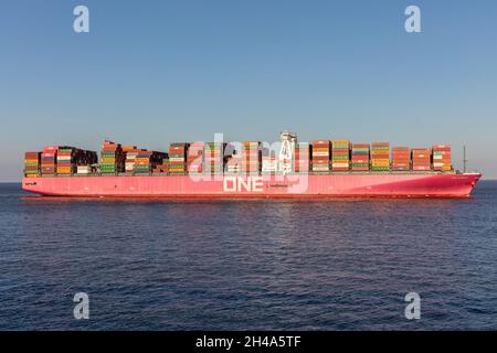 Ocean Network Express (ONE) container ship ONE CYGNUS on the river Elbe Stock Photo