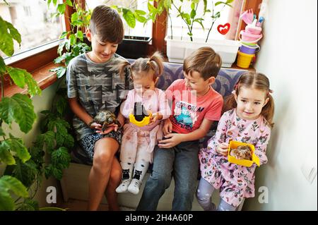 Four children holding their favorite pets on hands. Kids playing with hamster,turtle at home. Stock Photo