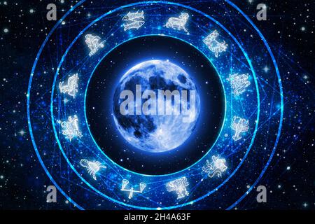 Lunar Moon astrology with zodiac signs in circle and Universe stars Stock Photo