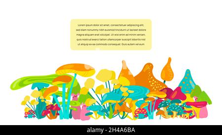 Banner with multi-colored incredible mushrooms. Many fantastic mushrooms on a white background. For screensaver or website. Vector illustration Stock Vector