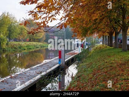 View on a canal in Coevorden. On the shore there are chestnut trees in autumn colors. A pleasure yacht has been moored at the end of the pier. Stock Photo
