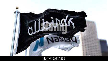 New York, USA, October 2021. Flags of Allbirds and NASDAQ flying in the wind. In october 2021 Allbirds, maker of the wool sneaker, headed for a Nasdaq Stock Photo