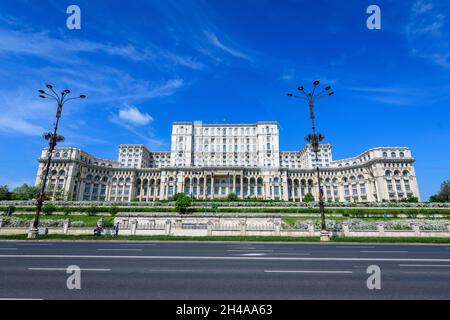 Bucharest, Romania, 6 May 2021: The Palace of the Parliament also known as People's House (Casa Popoprului) in Constitutiei Square (Piata Constitutiei Stock Photo