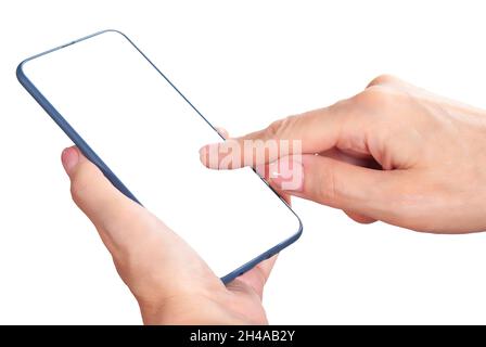 Smartphone in women's hand isolated on white background. Mock up of using of communication device and gadgets Stock Photo