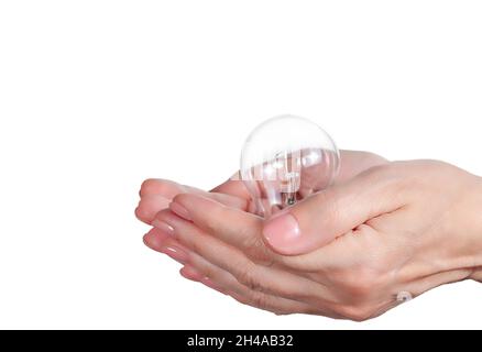 Woman's hand holding a light bulb isolated on white background. Mock up of green energy and innovation concept Stock Photo