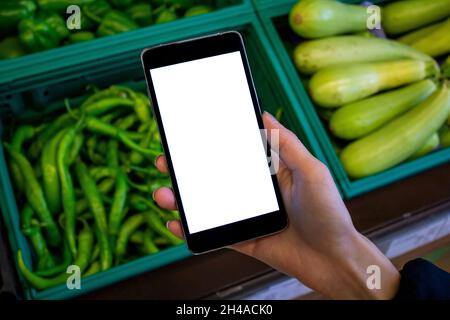 Woman using cellphone, mockup image of female hand holding mobile phone with blank white screen at shopping. Stock Photo