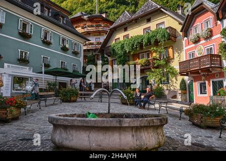 Main city square in famous World Heritage Site Hallstatt, upper Austria in Salzkammergu region, autumn Stock Photo