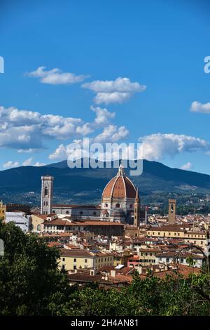 Panoramic view over the Dome of Cathedral of Santa Maria del Fiore from Giardino Bardini in summer. Florence, Italy Stock Photo