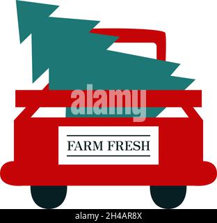 Red Christmas truck with tree isolated illustration. Farm fresh Christmas trees delivery. Vector Stock Vector