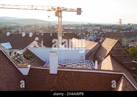 The Museum quarter at Fo ter (Main Square) during renovation viewed from Firewatch Tower above, Sopron, Hungary Stock Photo