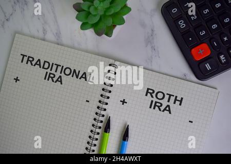Traditional IRA and Roth IRA write on a book isolated on Wooden Table. Stock Photo