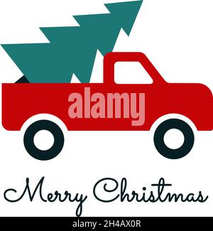 Red Christmas truck with tree isolated illustration. Farm fresh Christmas trees delivery. Greeting card vector design template Stock Vector