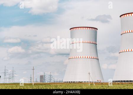 Belarusian nuclear power plant in Ostrovets district.Field around the nuclear power plant. Belarus. Stock Photo