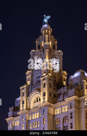 Royal Liver Building at night, Liverpool, England Stock Photo