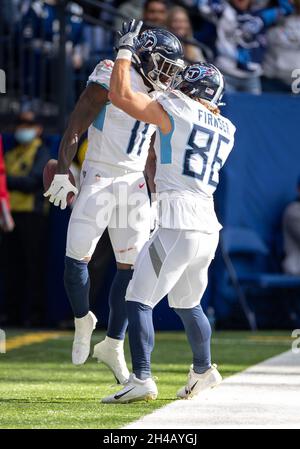 October 31, 2021: Tennessee Titans wide receiver A.J. Brown (11) and Tennessee Titans tight end Anthony Firkser (86) celebrate touchdown during NFL football game action between the Tennessee Titans and the Indianapolis Colts at Lucas Oil Stadium in Indianapolis, Indiana. Tennessee defeated Indianapolis 34-31 in overtime. John Mersits/CSM. Stock Photo