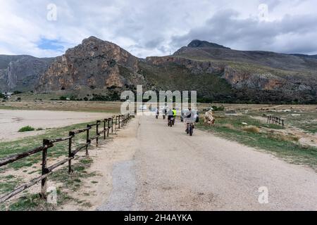 Near the village of Macari near San Vito Lo Capo in Sicily, Italy  a popular recreation area for cycling, horse riding along this rugged coastline. Stock Photo