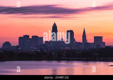 Skyline of Cleveland in Ohio on the sunset Stock Photo