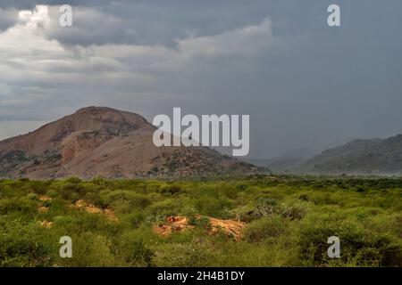 Rain over the Erongo Mountains west of Omaruru, Omaruru district, Erongo region, Namibia